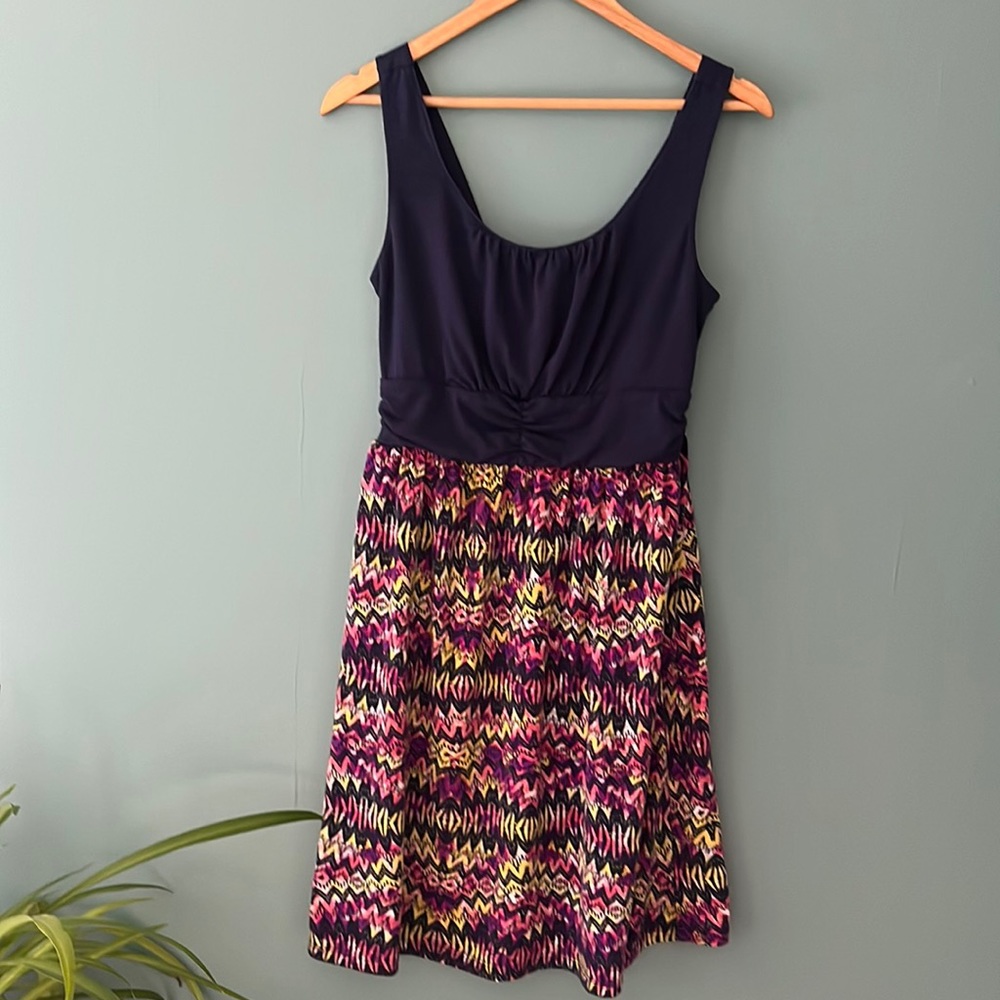 Faded Glory Fit and Flare Printed Summer Tank Dress in Navy Sz M